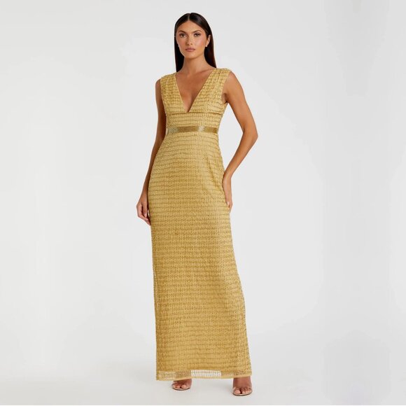 Mac Duggal Beaded Cap Sleeve Column Gown Gold 8 #A0308 - Picture 1 of 12
